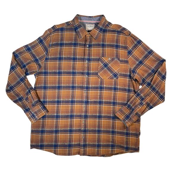 Flag & Anthem Plaid Flannel Shirt Sz 2XLT Tall Brown Blue Cotton Button Down - Picture 1 of 9